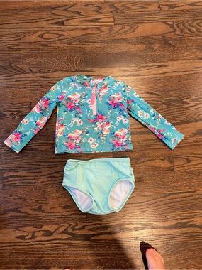 Ruffle Butts Aqua Floral Long-Sleeve Rashguard Set with Pink Accents